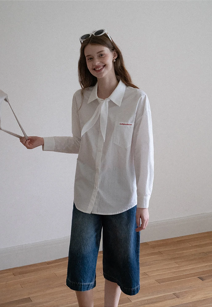 Women Plaid Tie‑Neck Shirt