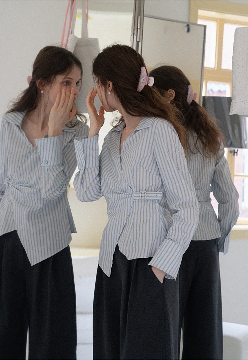 Women's Striped Wrap Shirt with Side Buckle