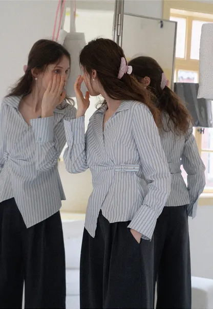 Women's Striped Wrap Shirt with Side Buckle