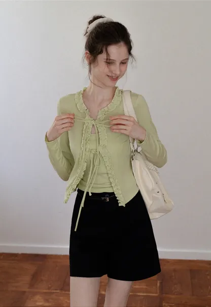 Women's Ruffle Trim Knit Top with Front Tie