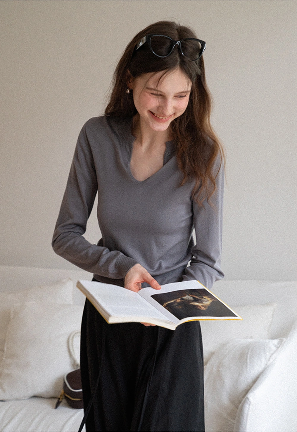 Women's V-Notch Long Sleeve Knit Top