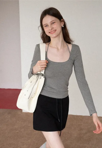 Women's Tie-Front Cutout Long-Sleeve Top