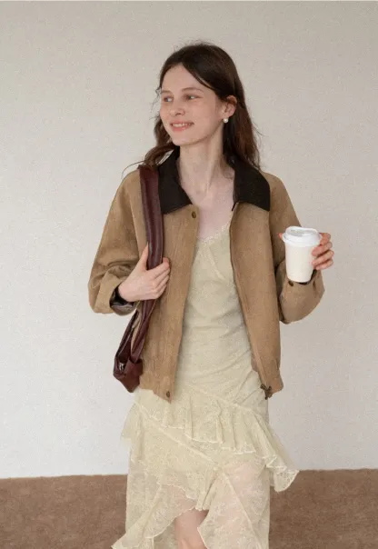 Women's Contrast Collar Faux-Suede Bomber Jacket