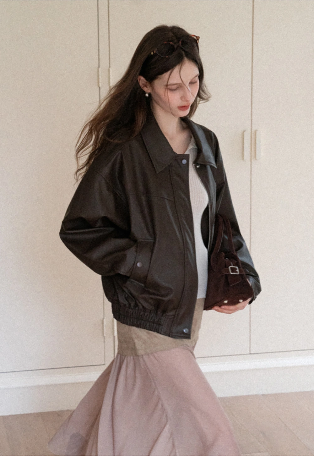 Women's Oversized Faux Leather Bomber Jacket