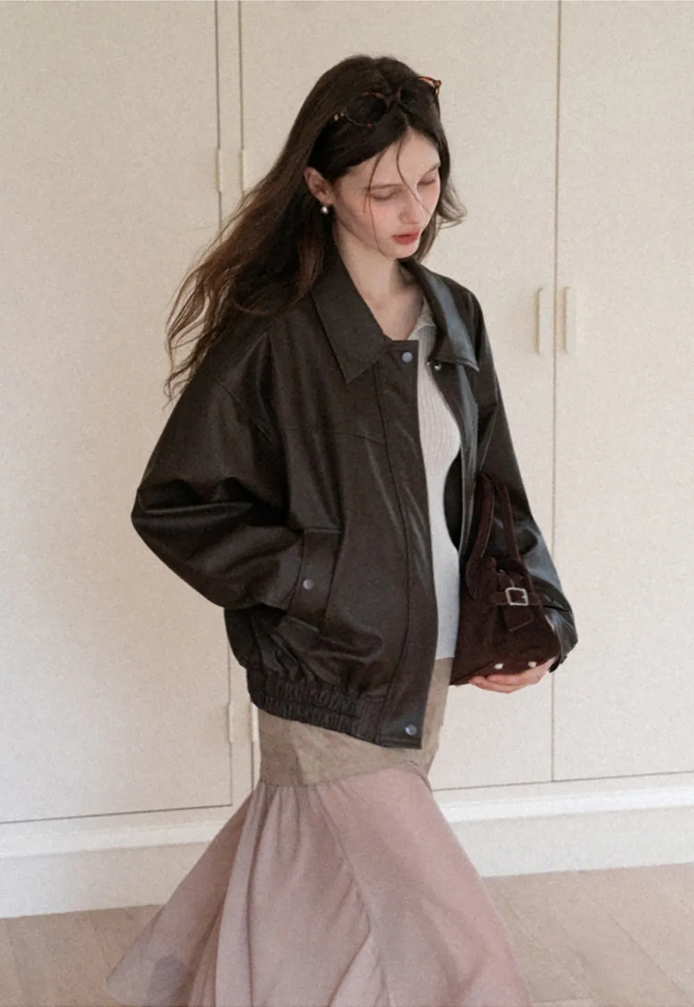 Women's Oversized Faux Leather Bomber Jacket