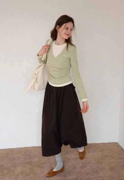 Women's Layered V-Neck Ruched Long Sleeve Top