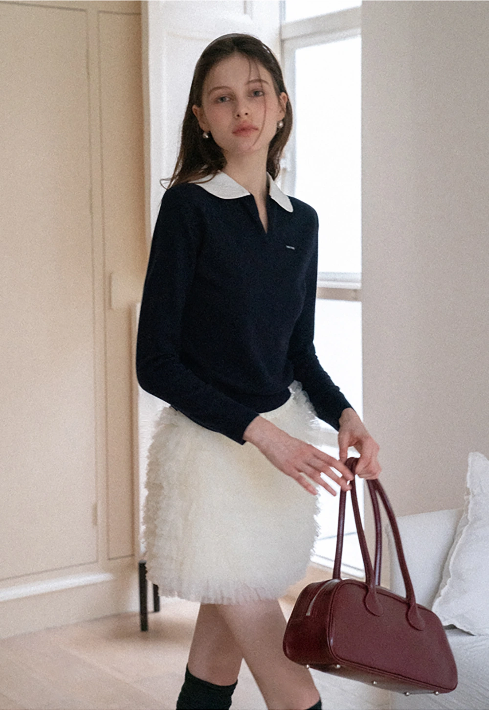 Women'sContrast Collar Long Sleeve Polo Top