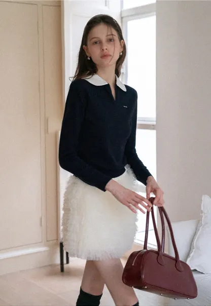 Women'sContrast Collar Long Sleeve Polo Top