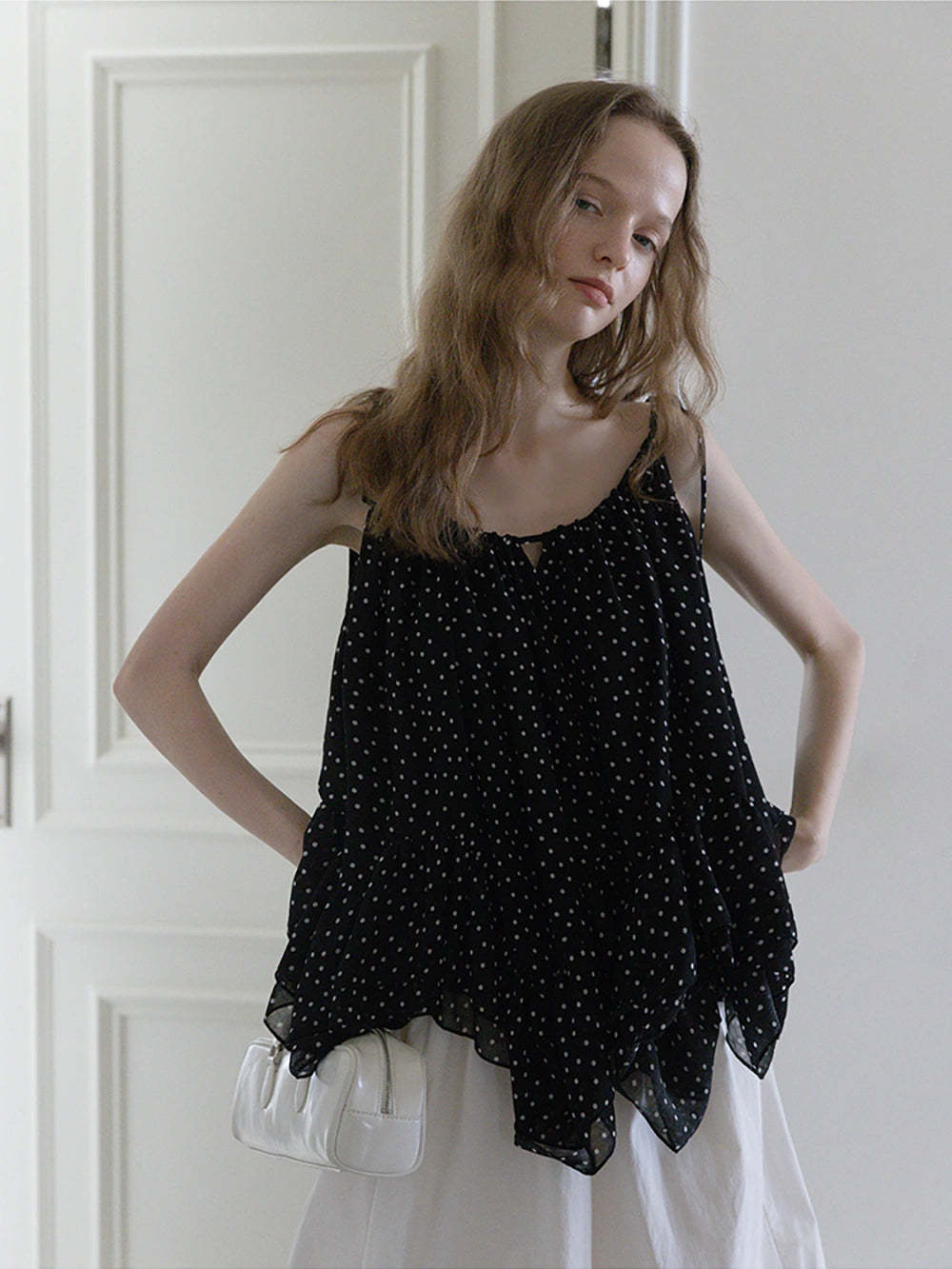 Polka Dot Ruffle Hem Cami Top