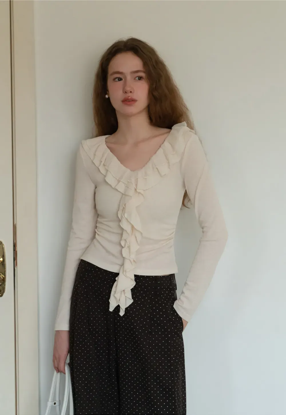 Ruffled V-Neck Long Sleeve Top