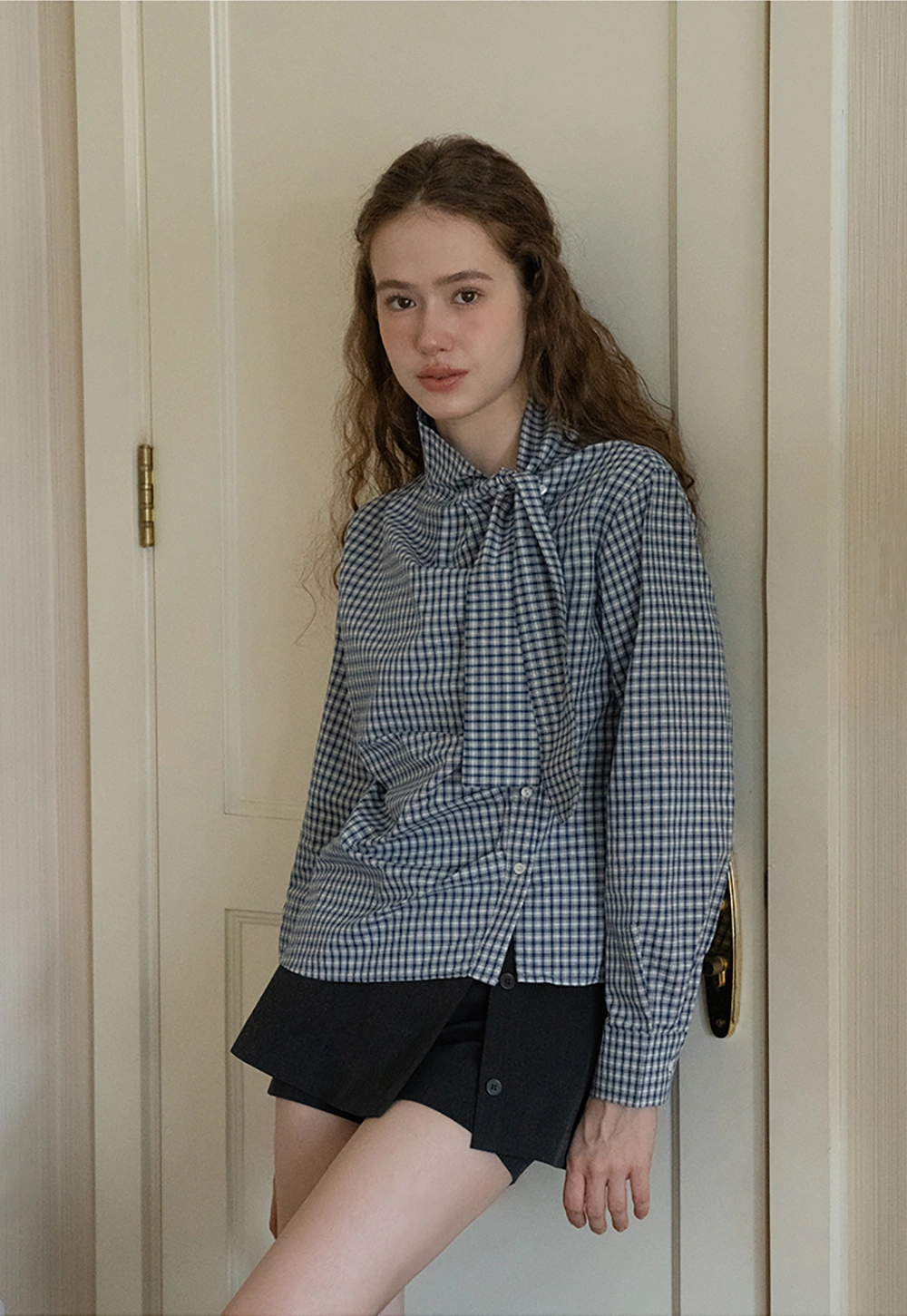 Womens Gingham Bow Tie Blouse Long Sleeve Shirt