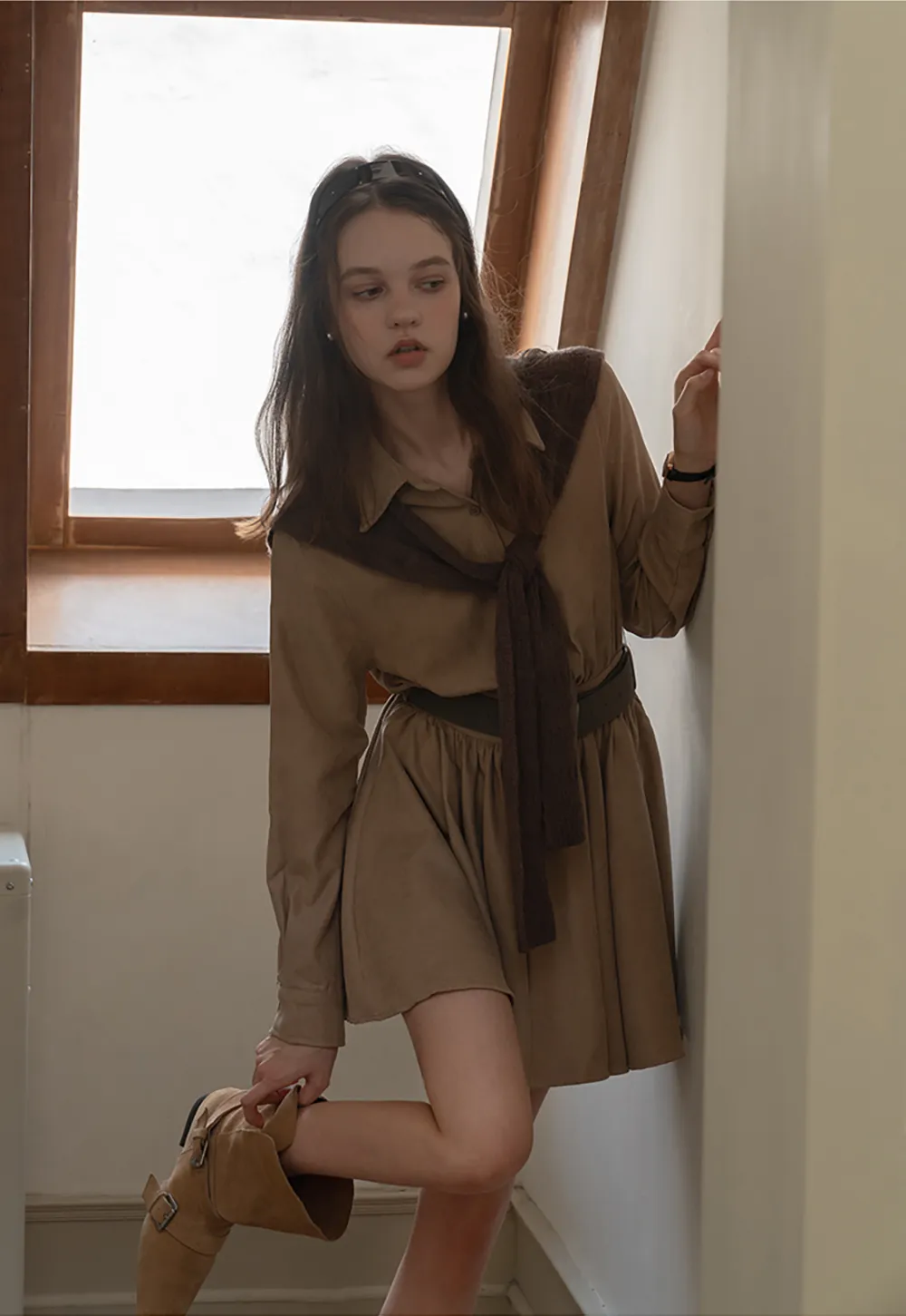 Belted Shirt Dress with Knit Scarf