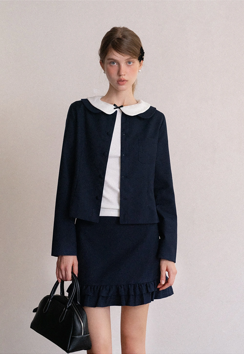 Womens Peter Pan Collar Jacket and Ruffle Hem Skirt Set