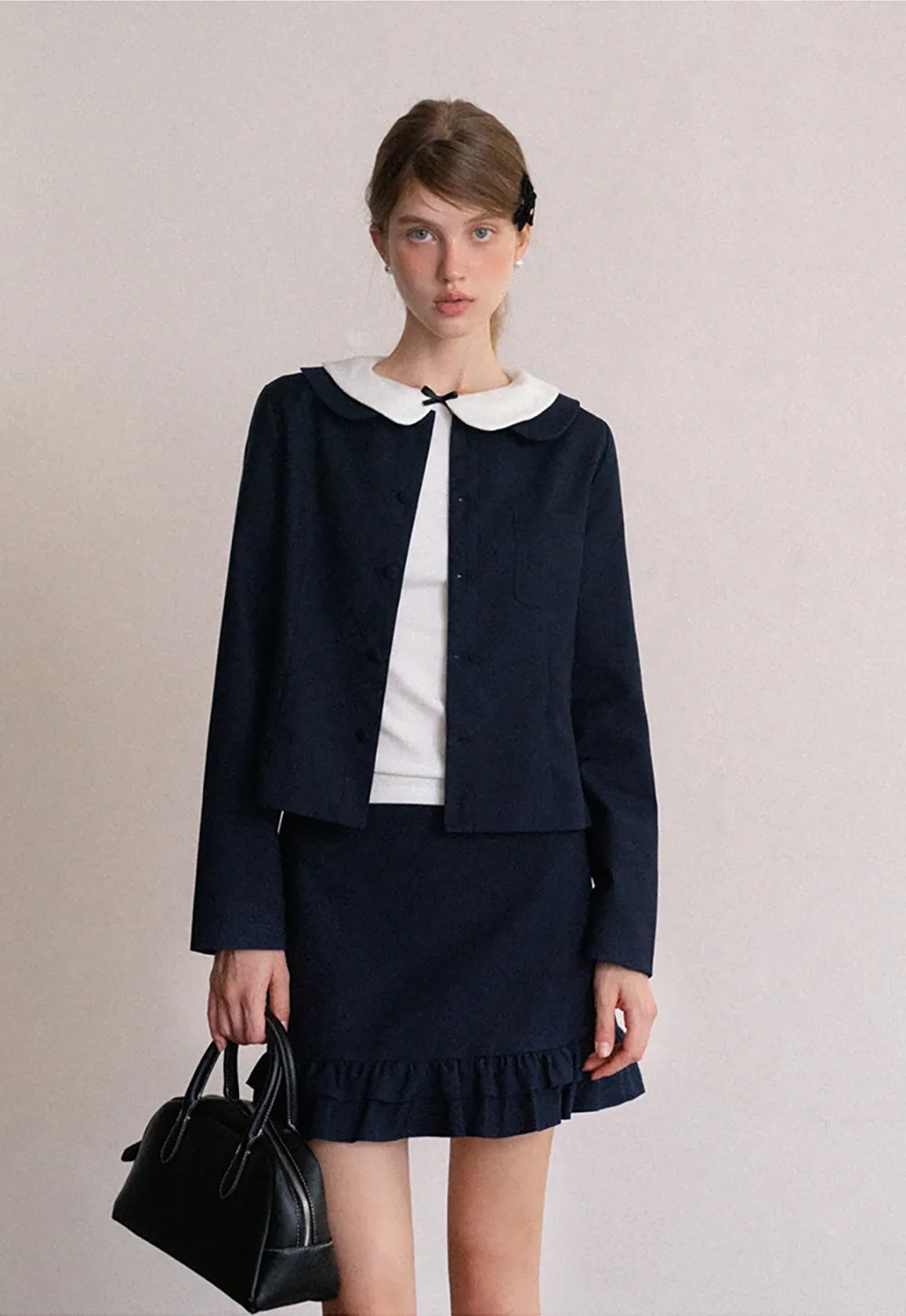 Womens Peter Pan Collar Jacket and Ruffle Hem Skirt Set