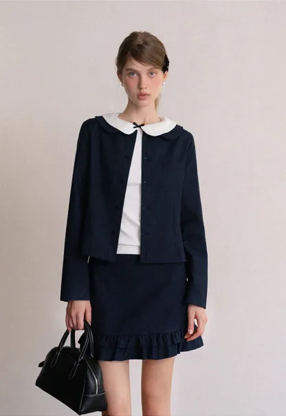 Womens Peter Pan Collar Jacket and Ruffle Hem Skirt Set