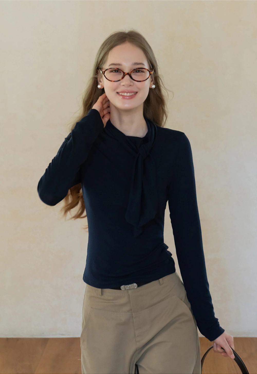 Womens Long Sleeve Tie Neck Tee