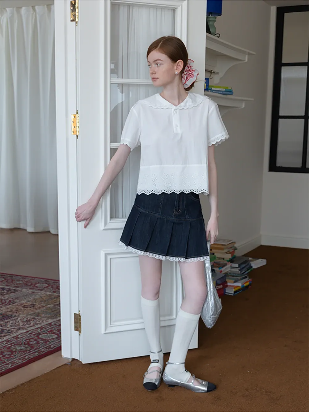 Women’s Pleated Denim Mini Skirt with Lace Trim