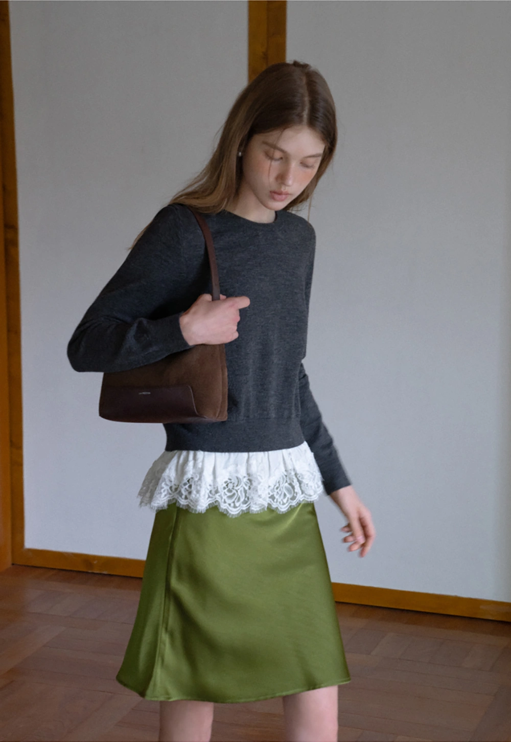 Womens Knit Sweater with Lace Hem