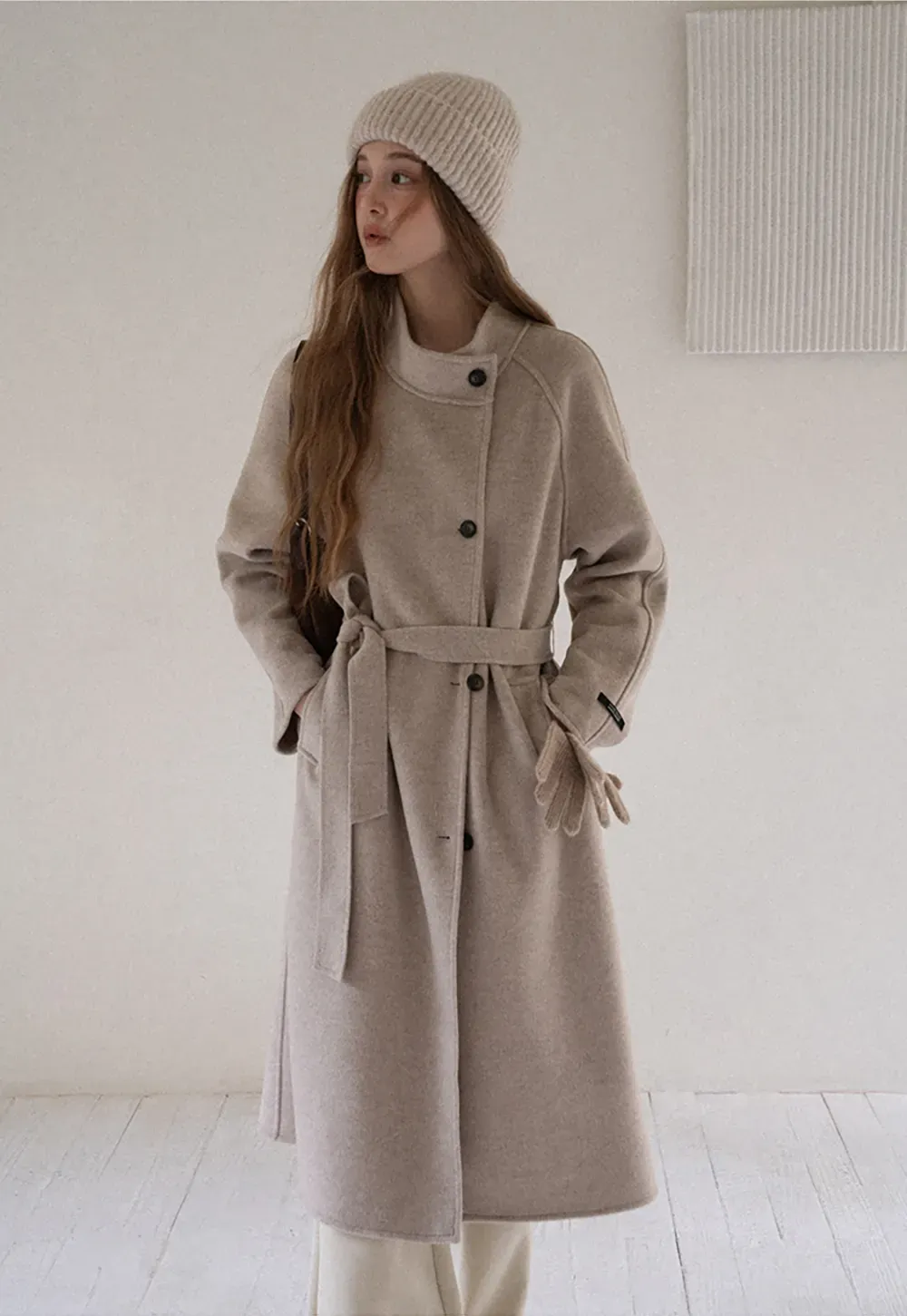 Wool Blend Belted Coat with Scarf Detail