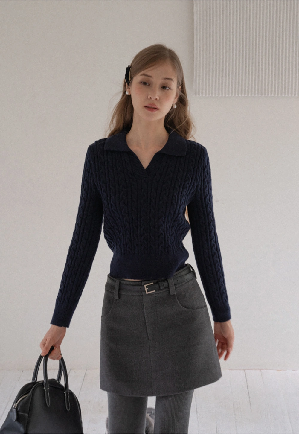 Women Cable Knit Polo Sweater Long Sleeve Slim Fit Pullover
