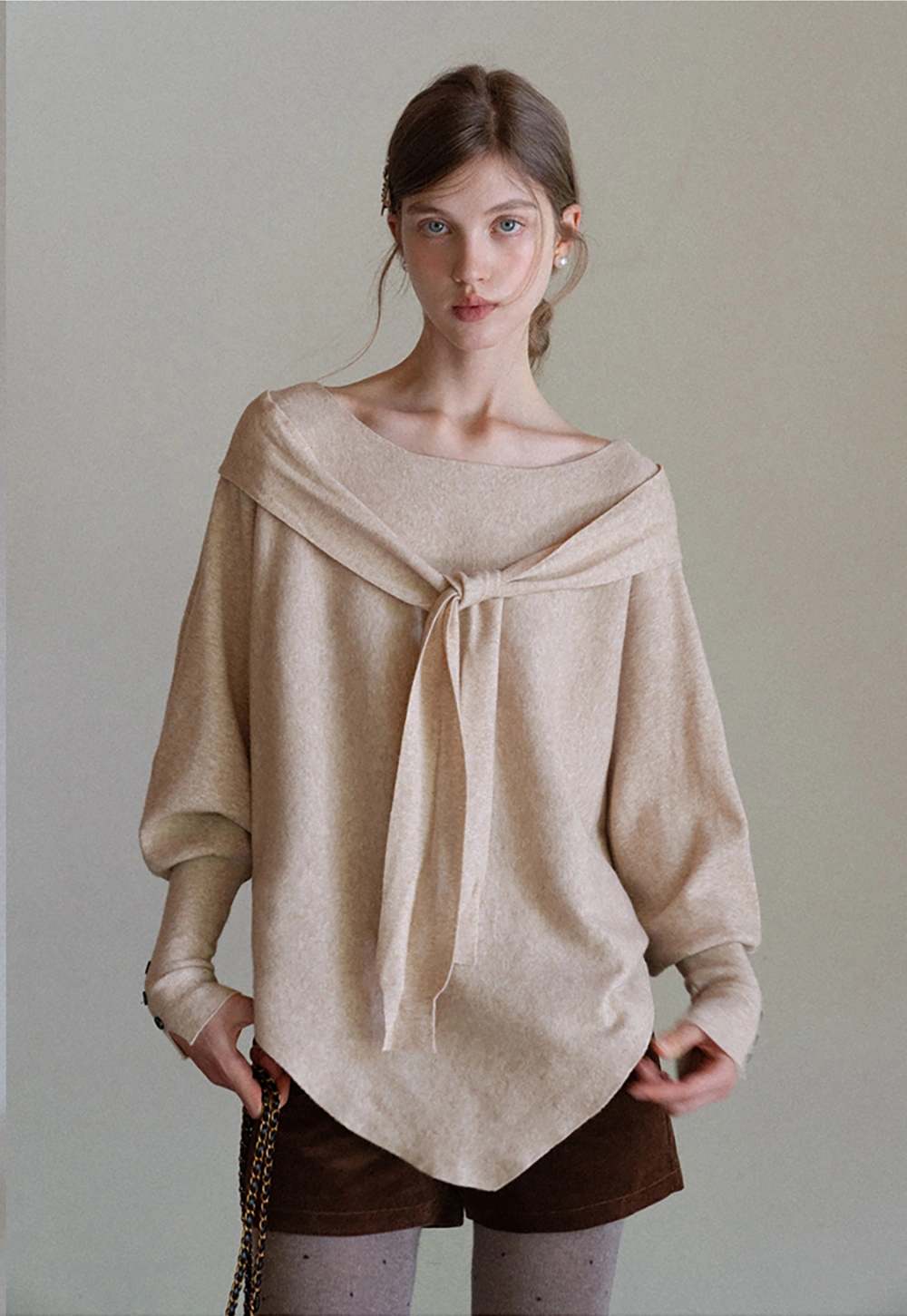 Womens Tie Collar Batwing Knit Sweater