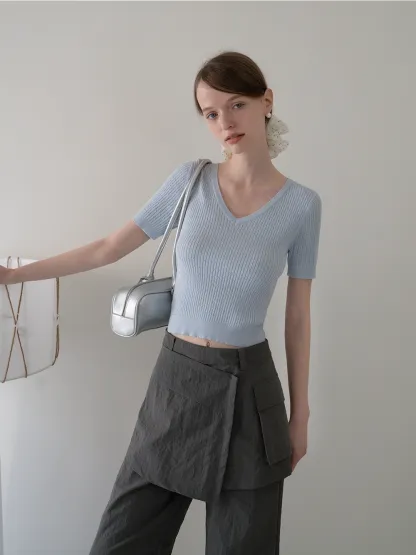 V-Neck Ribbed Knit Top