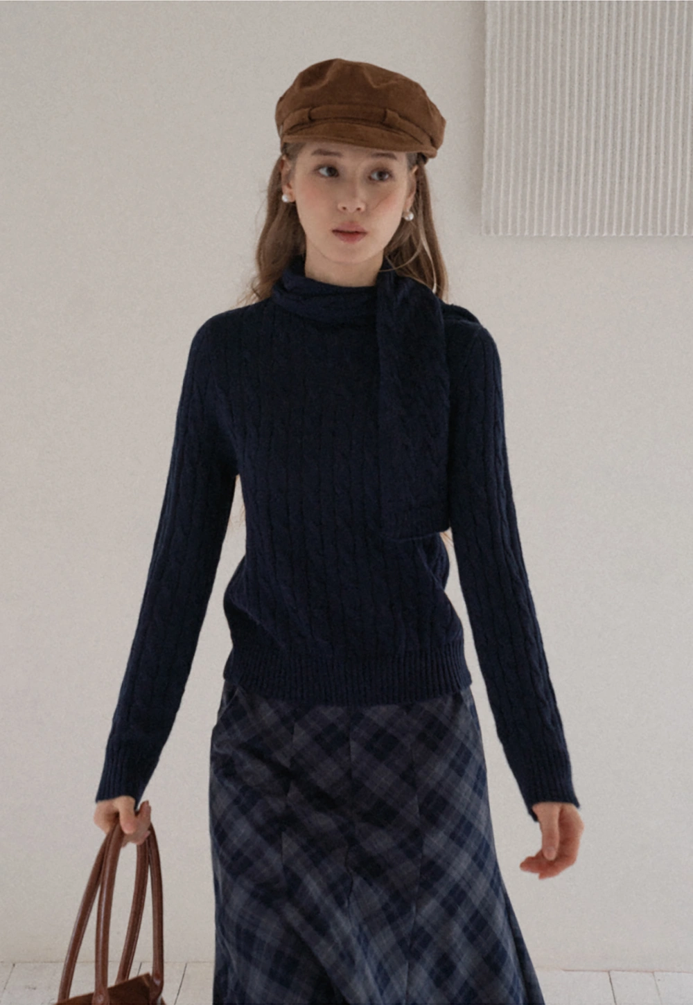 Women Cable Knit Sweater with Scarf Tie Long Sleeve