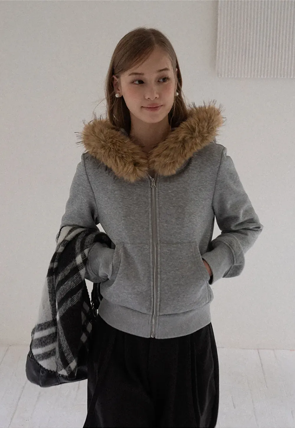 Faux Fur Trim Zip Up Hoodie