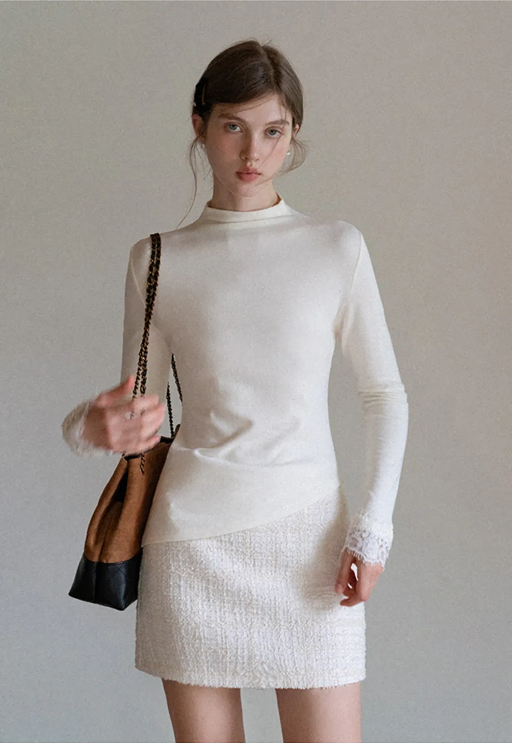 Women Cream White Lace Cuff High Neck Tee