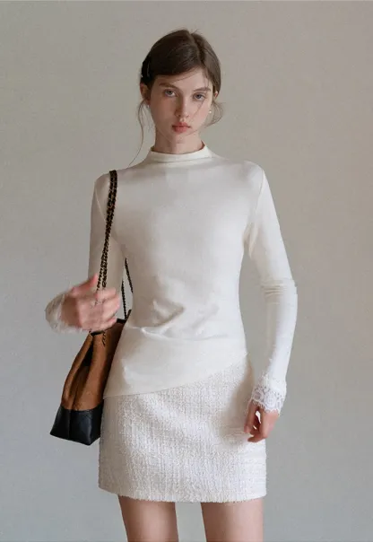 Women Cream White Lace Cuff High Neck Tee