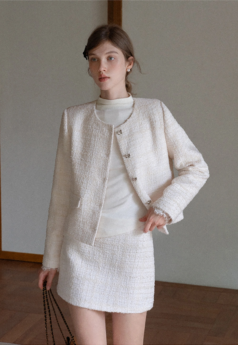 Women Elegant Tweed Skirt Suit Set with Crop Jacket