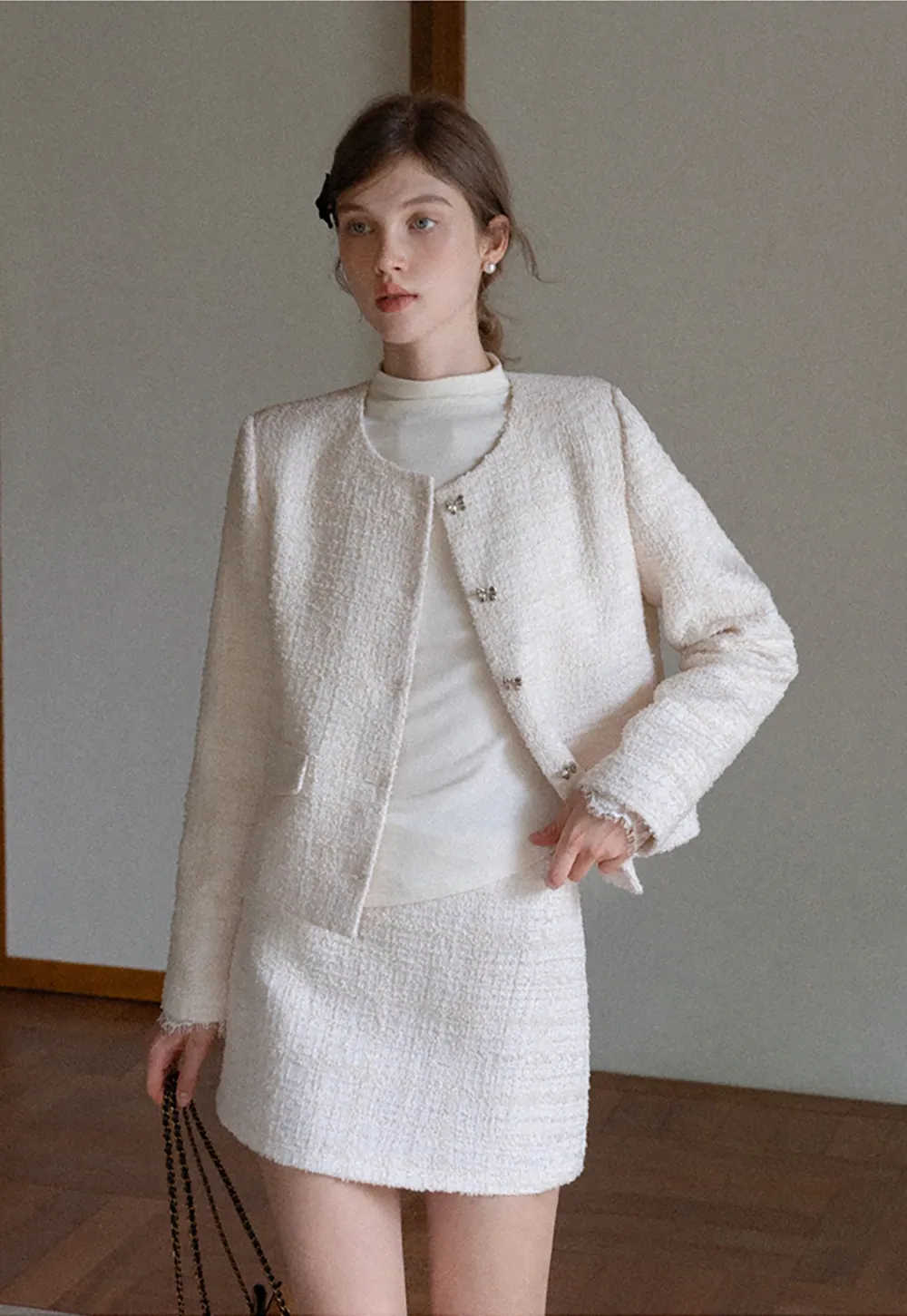 Women Elegant Tweed Skirt Suit Set with Crop Jacket