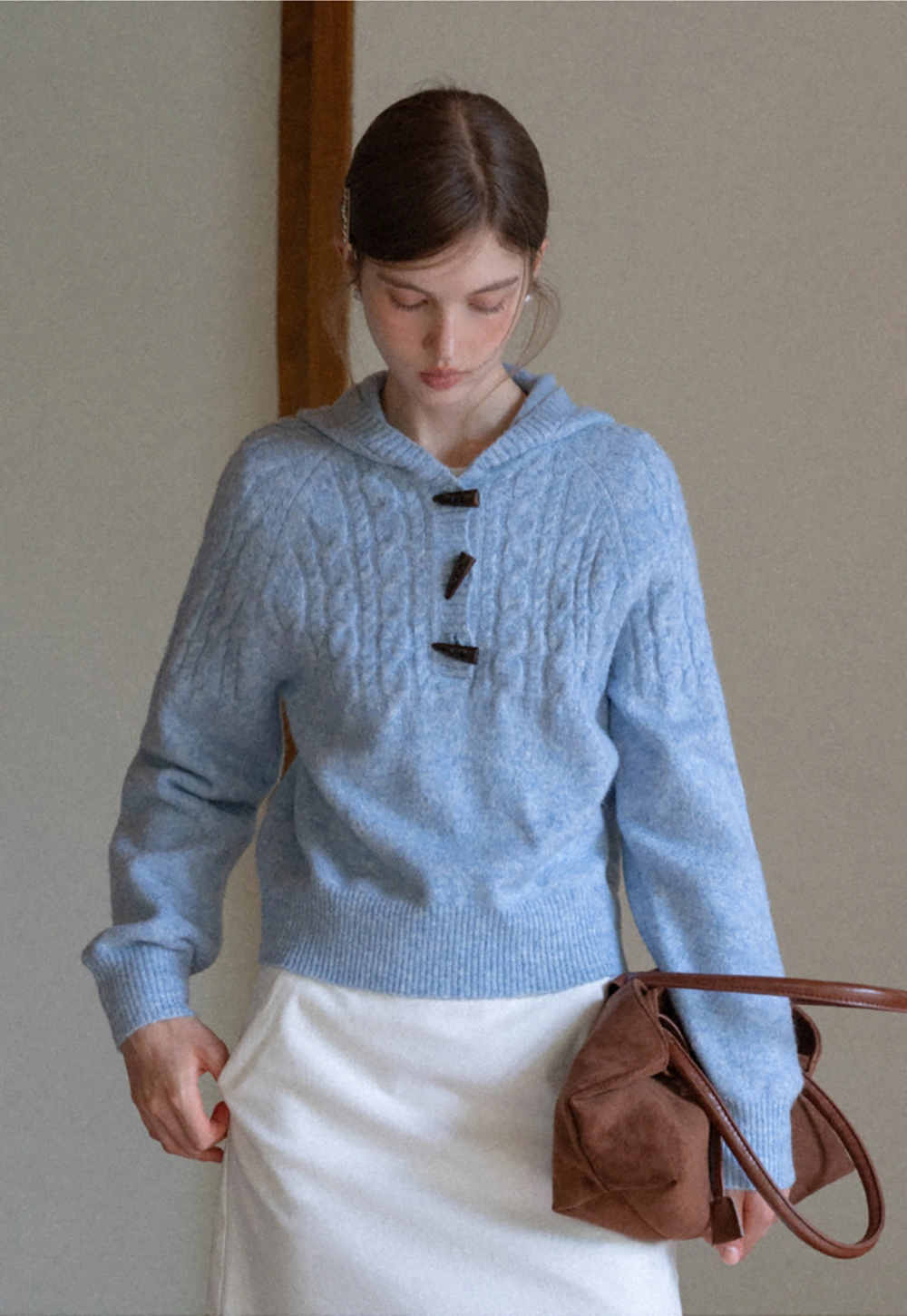 Women Winter Cable Knit Hooded Pullover