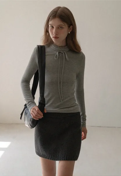 Ruffle Mock Neck Knit Top for Women Winter