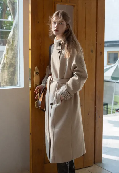 Womens Stand Collar Toggle Wool Coat with Plaid Trim