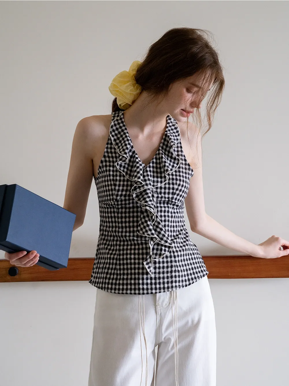 Ruffled Gingham Check Sleeveless Top