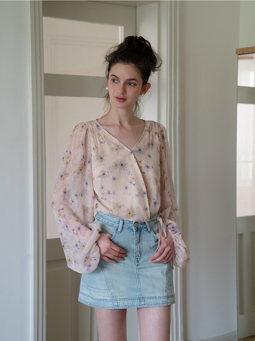 Floral Puff Sleeve Crop Blouse