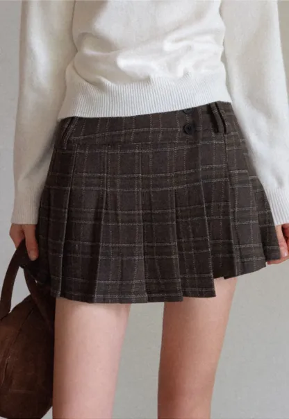 Womens Plaid Pleated Mini Skirt with Button Detail