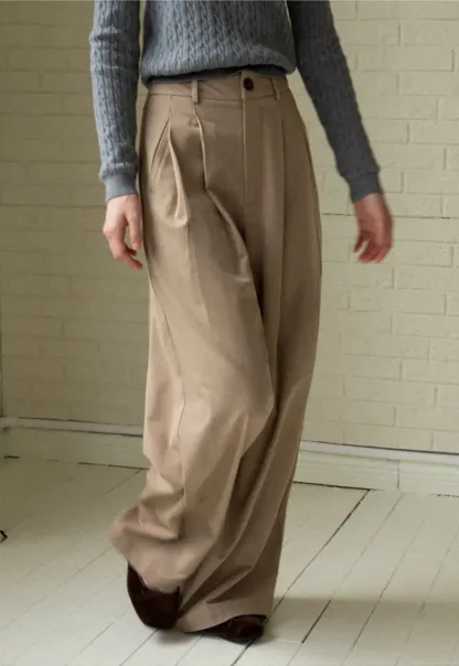 Casual Beige Wide-Leg Pants with Pleat Detail