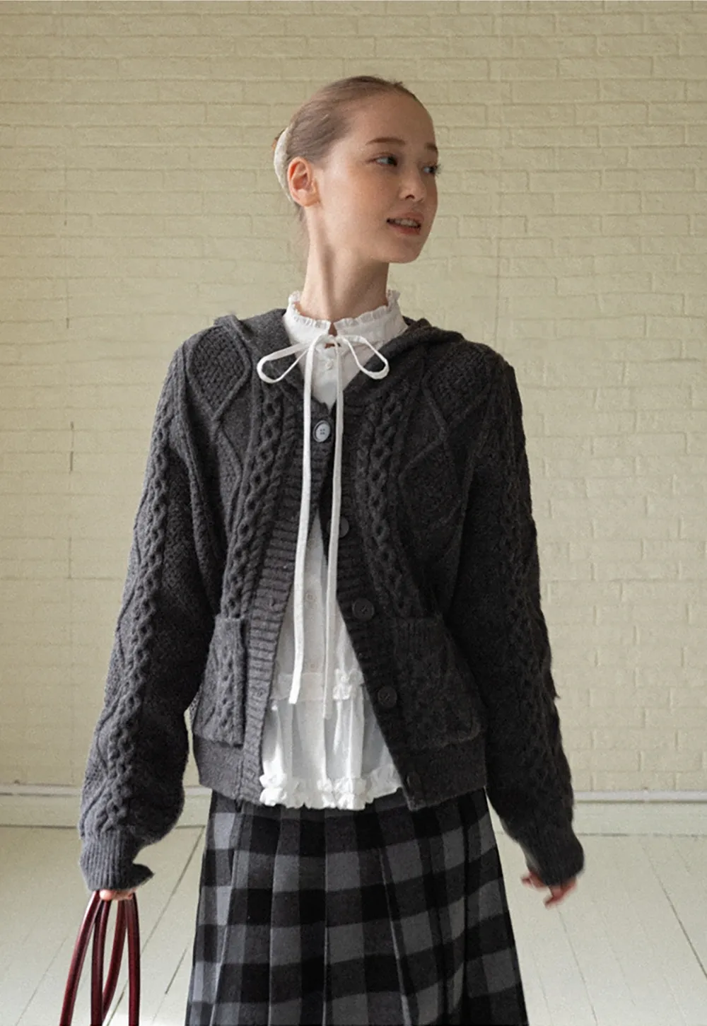 Classic Cable Knit Cardigan with Hood and Button Closure