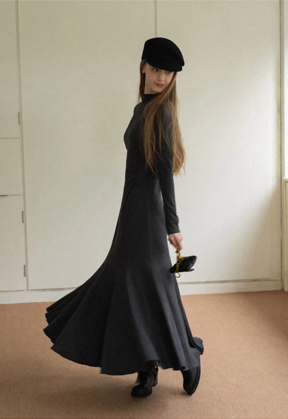 Ruched Waist Long Sleeve Midi Dress