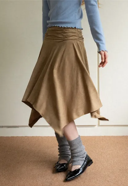 Ruched Waist Asymmetric Midi Skirt