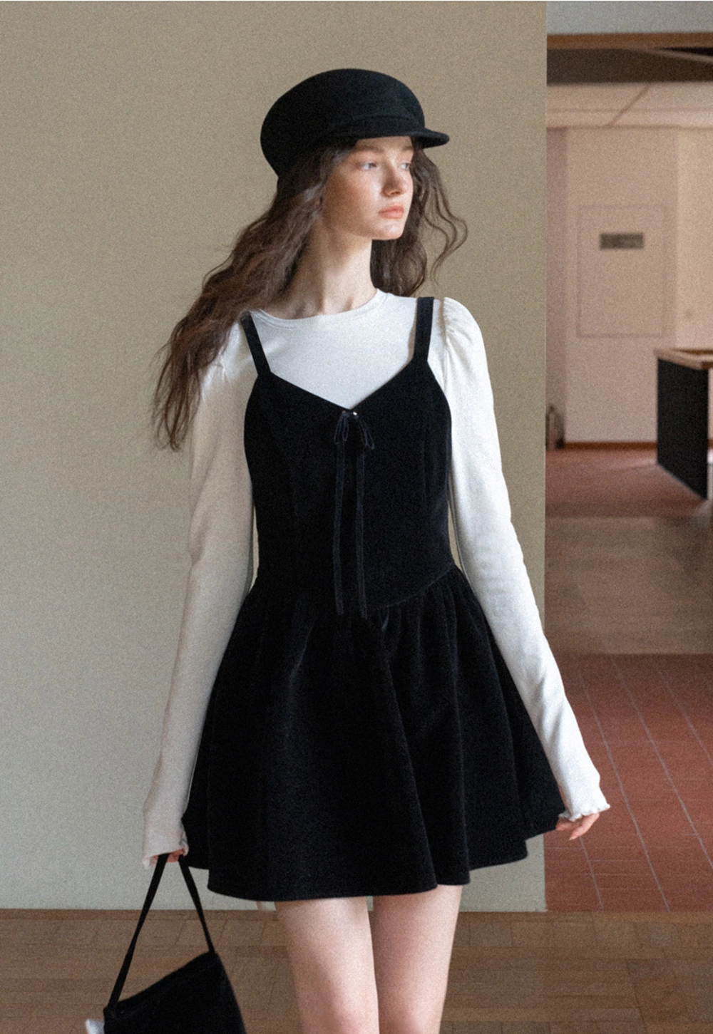 Women Black Velvet Pinafore Dress with Tie Front and Adjustable Straps
