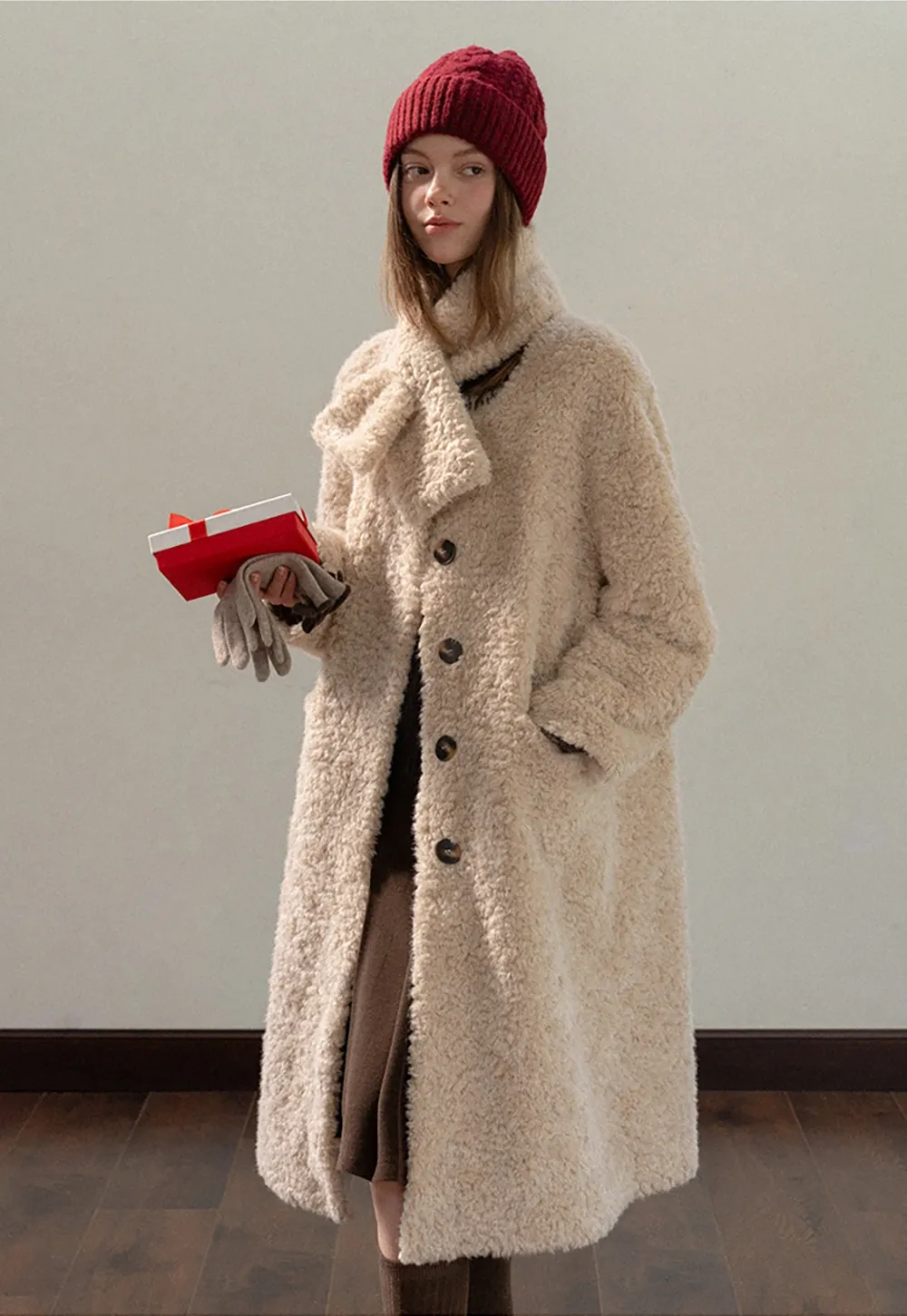Women Long Fuzzy Teddy Coat with Attached Scarf