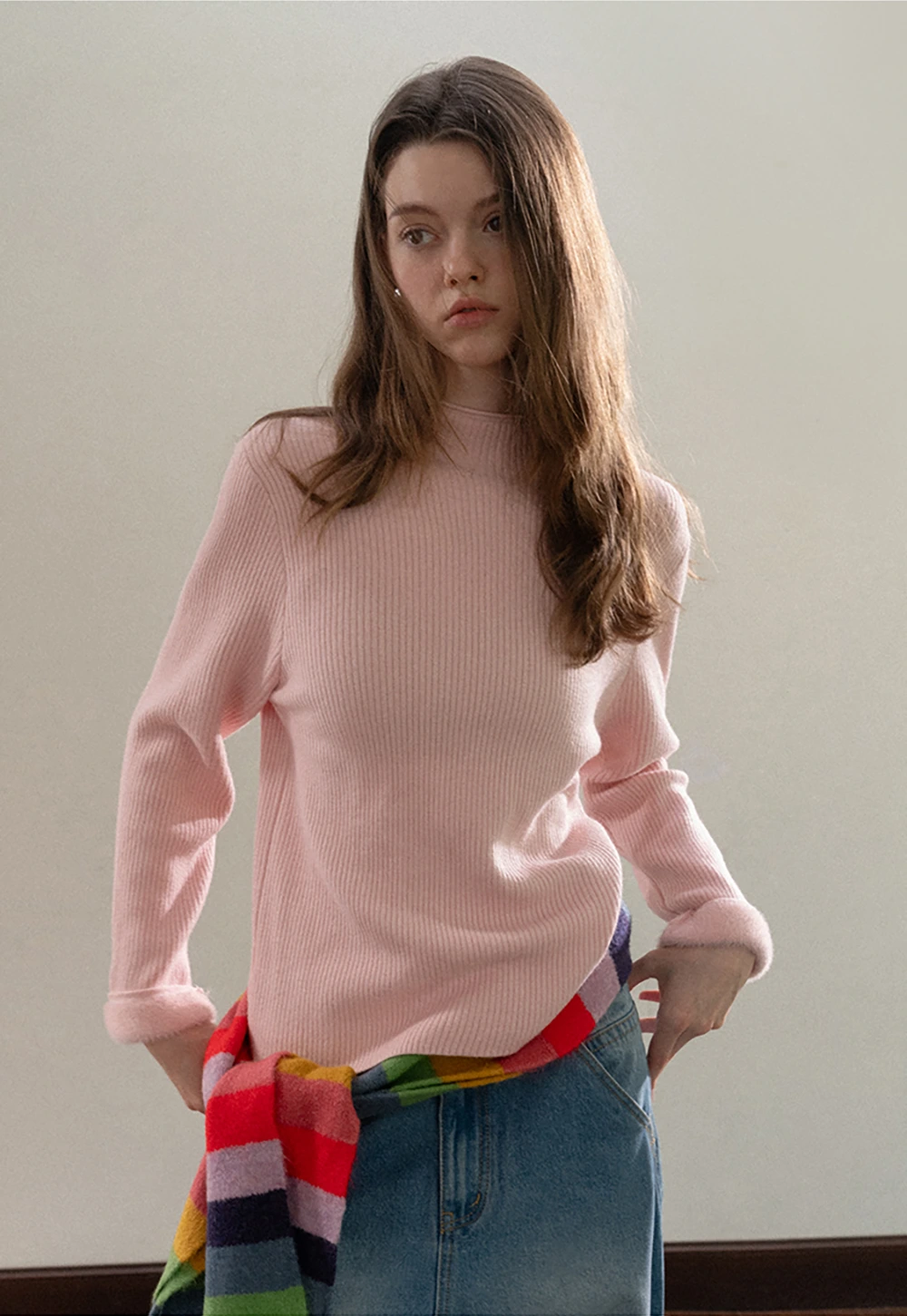 Stand-Collar Ribbed Fleece Knit Top