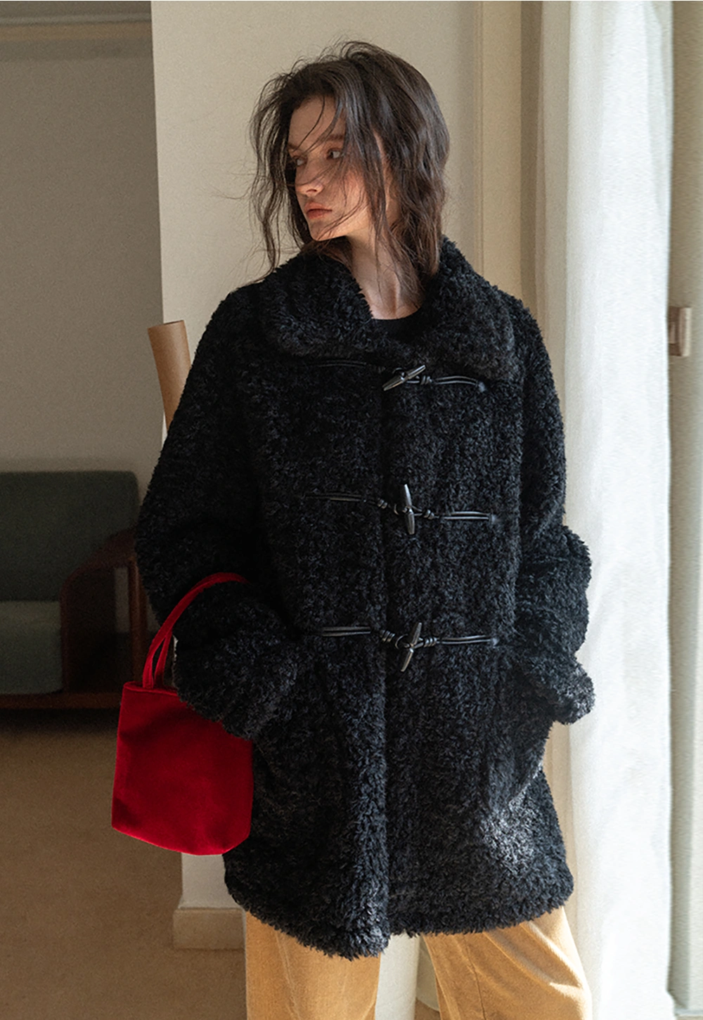 Women Fuzzy Toggle Coat Warm Winter Outerwear