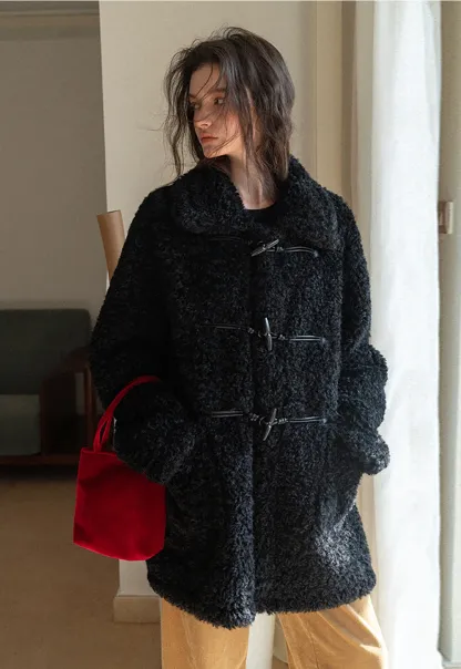 Women Fuzzy Toggle Coat Warm Winter Outerwear
