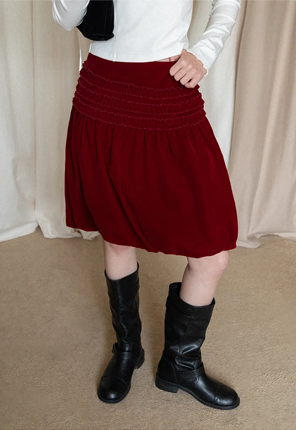 Women Velvet Bubble Skirt with Ruched Waist Design