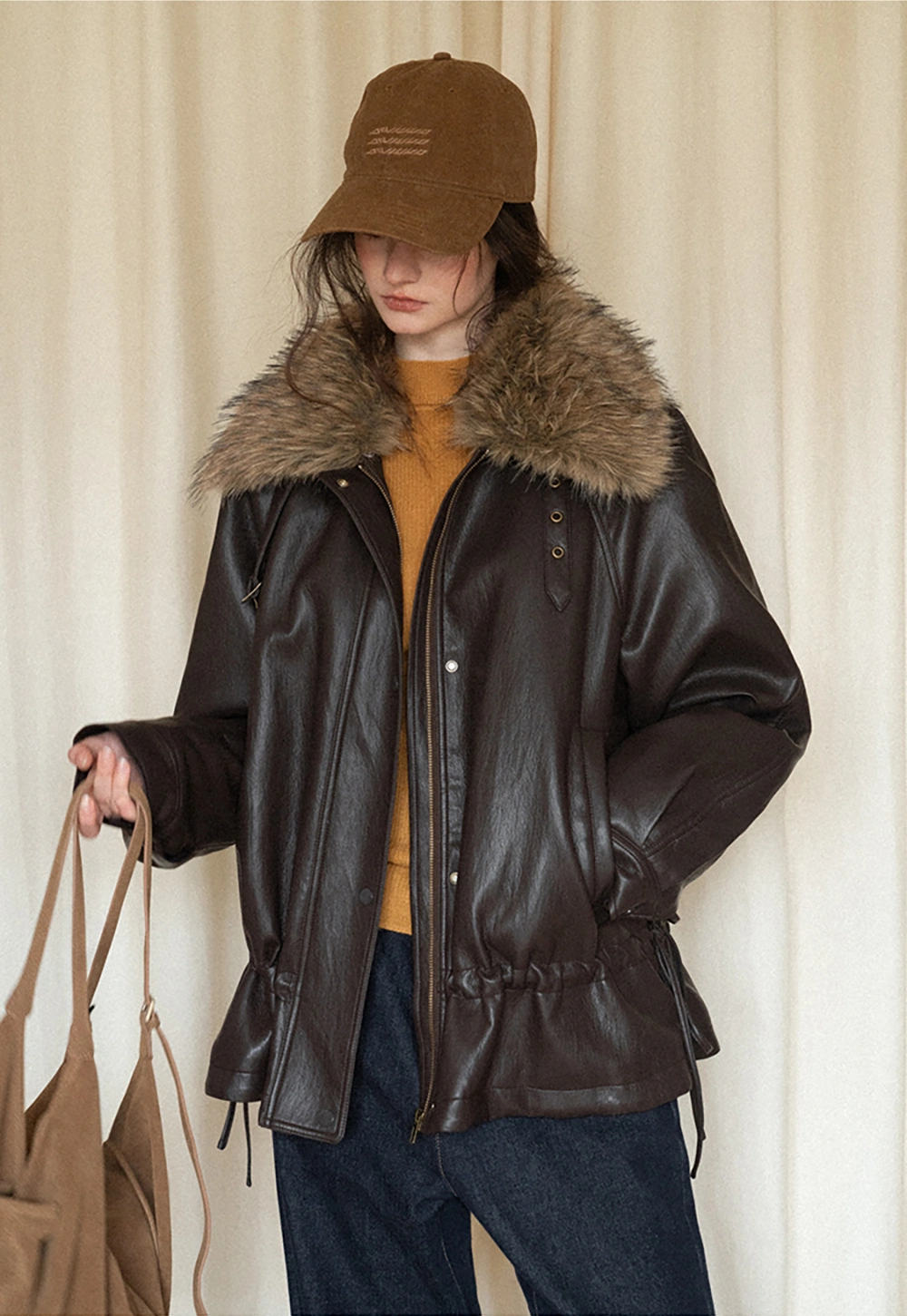 Casual Winter Faux Leather Coat with Soft Fur Collar