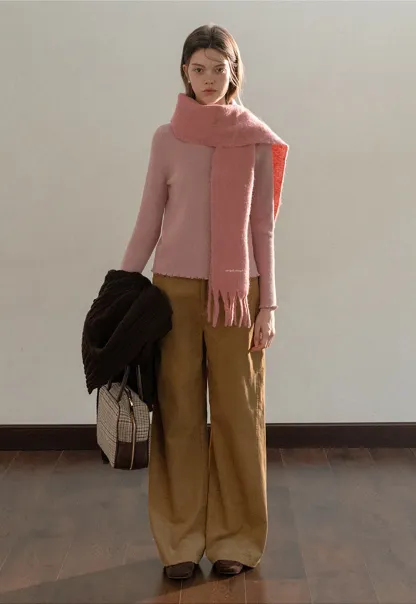 Women Basic Ribbed Sweater with Ruffled Edges